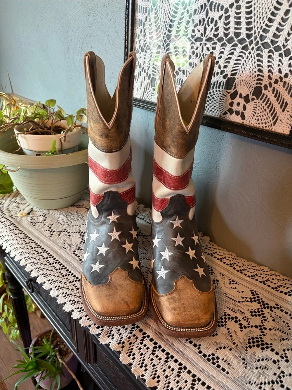 J.B. Dillon Men's American Flag Leather Cowboy Boots - Red, White, Blue, Brown